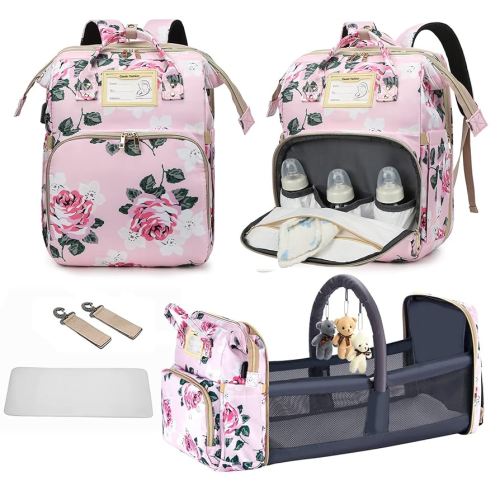 Diaper Bag Backpack with Changing Station, Foldable for Bady Toddler, 3 in 1 Large Capacity Newborn Essentials Organizer with Stroller Hook for Girls and Boys(Pink)