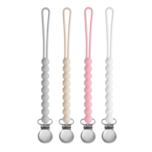 Pacifier Clip for Boys Girls - MORIBOX 4 Pack Paci Clip Soothie Baby Binky Holder for Shower Gift Birthday (Beige+White+Lpink+Lgrey)