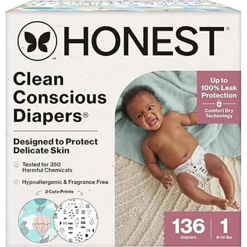 The Honest Company Clean Conscious Diapers for Sensitive Skin | Hypoallergenic, Fragrance Free | Gender Neutral Prints | Super Club Box, Size 1 (8-14 lbs), 136 Count (Prints May Temporarily Vary)