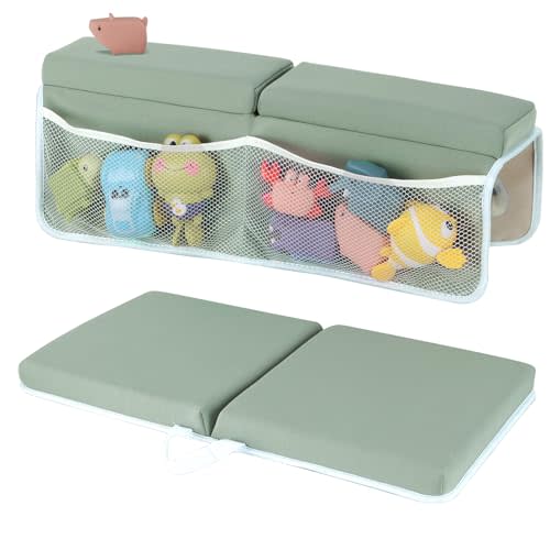 YUFIXO Baby Bath Kneeler and Elbow Rest Pad Set, 1.5 Inch Thick Memory Foam Soft Bath Kneeler with Bath Toys Organizer, Non-Slip, Quick-Dry, Foldable Kneeling Mat, Ideal Gift for Parents