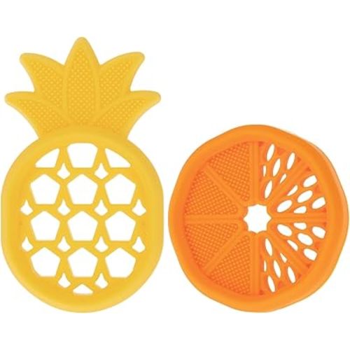 Nuby Mini Silicone Teether Set – 2 Pack Pineapple & Orange Teethers with Massaging Bristles, Easy for Little Hands, 100% Silicone, 3M+