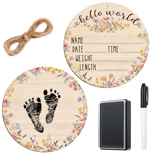 Thyle Baby Announcement Wooden Name Sign for Hospital Birth Double Sided Newborn Welcome Sign with Marker Pen and Ink Pad for Baby Shower Hand Footprints (Wildflower)