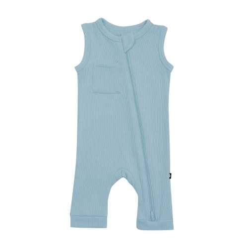 Ribbed Zippered Sleeveless Romper in Dusty Blue