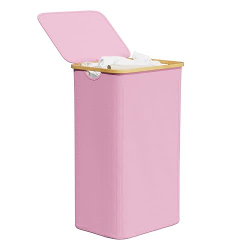 SpaceAid Laundry Hamper with Lid, 110L Large Tall Clothes Basket Bin with Bamboo Handles, Collapsible Laundry Hamper for Bedroom, Bathroom, Dorm, Laundry Room - Pink