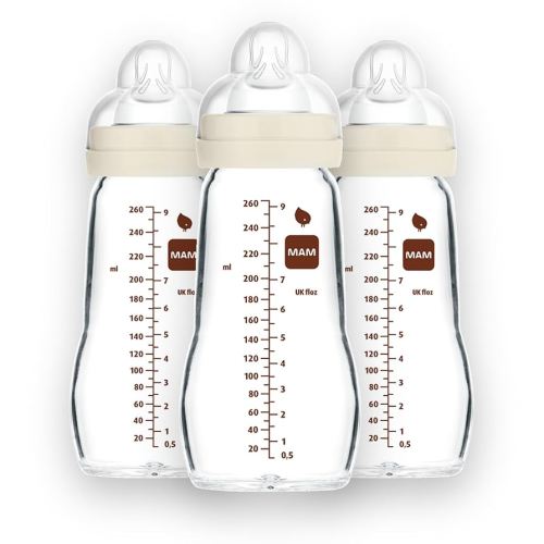 MAM Feel Good Medium Flow Premium Glass Baby Bottles, Easy Switch Between Breast and Bottle, 9oz, 0+ Months, Unisex, 3 Pack
