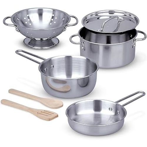 Melissa & Doug Stainless Steel Pots & Pans, 8 Piece Play Kitchen Set, Premium Play Kitchen Accessories & Cooking Utensils, Preschool Toys for Kids 3+