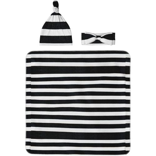 Black and White Stripes Baby Girl Newborn Receiving Blanket 3 PCS Baby Boy Swaddle Set with Matching Headband and Beanie