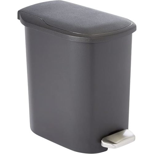 Amazon Basics Compact Plastic Bathroom Trash Can with Hands Free Foot Pedal, Quiet Close Step-On, 6 Liters, Black, Lid Included