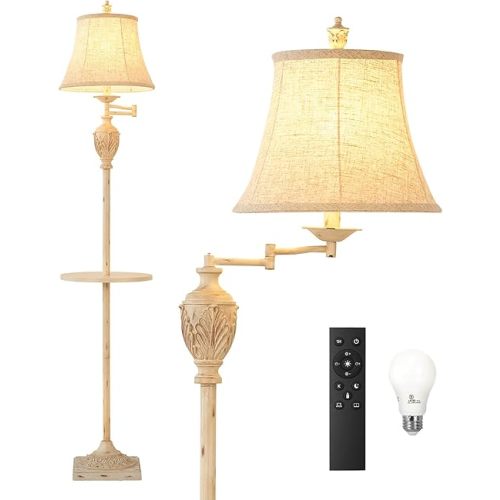 Traditional LED Floor Lamp with 350° Adjustable Swing Arm Lamp – Vintage Standing Pole lamp for Living Room, Bedroom and Office – Rustic Upright Floor Light for Home Décor with Silk Fabric Shade