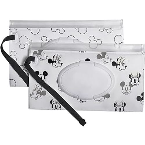 Disney Baby by J.L. Childress Reusable Wet Wipes Case, 2-Pack - Refillable Wipes Holder - Disney World Travel Essential - Includes Wrist Strap - Mickey and Minnie Mouse