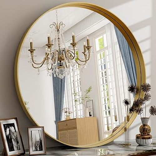 24 Inch Round Bathroom Mirror - Wall Mounted Circle Mirror with Metal Frame, Modern Mirror Suitable for Bathroom, Vanity, Entryway, Living Room, Wall Decor,Gold