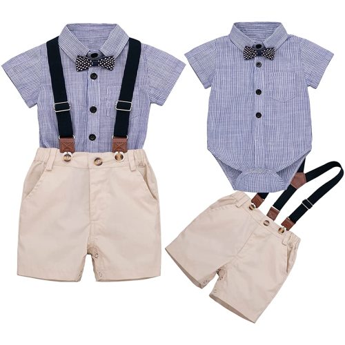 SOONHUA New Born Clothes Baby Boys Gentleman Outfits Suits,Newborn Short Sleeve Romper Shirt+Suspender Shorts+Bow Tie Overalls Clothes Set, 6-12 Months