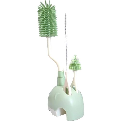 Silicone Baby Bottle Brush Set with Holder – Includes Nipple Cleaner and Long Narrow Neck Bottle Brush Safe, Durable, and Easy-to-Clean (Green)
