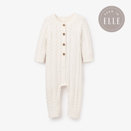 Whisper White Horseshoe Cable Knit Baby Jumpsuit – Elegant Baby