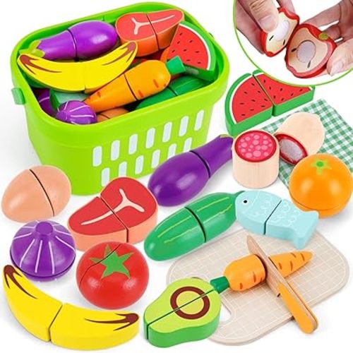 Wooden Food for Play Kitchen - Cutting Fruits Toys for 1 2 3 Years Old Toddlers Kids, Vegetables Gift for Boys Girls Educational Toys