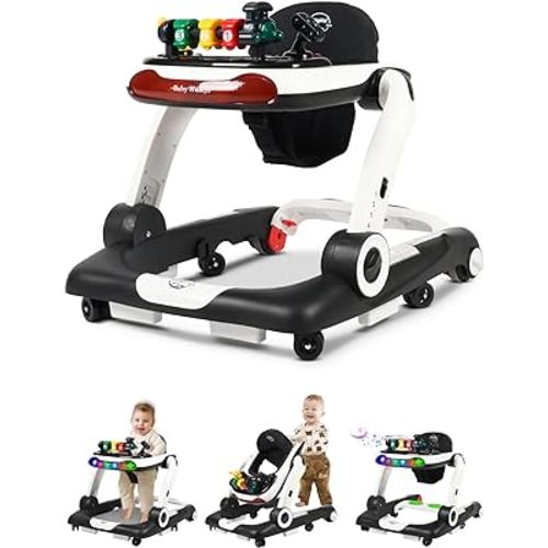 Music and Lights Baby Walker with Wheels, 6 in 1 Baby Activity Center w/Ergonomic backrest Design, Baby Walkers for Boys w/Foot Pads, Music Bouncer Walkers for Boys Girls Babies 6-18 Months, Black