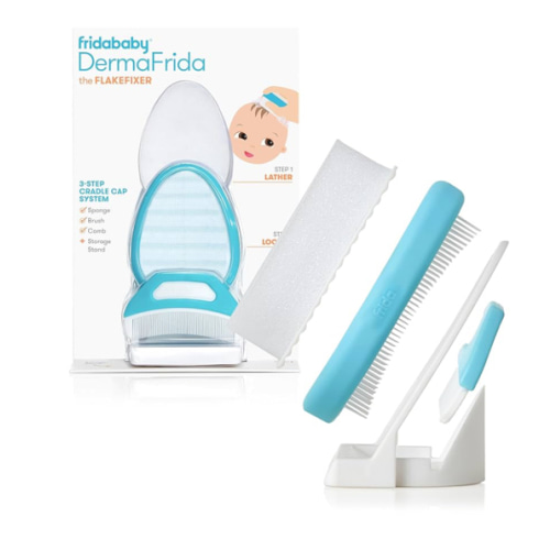 Frida Baby The 3-Step Cradle Cap System, DermaFrida The FlakeFixer, Sponge, Brush, Comb and Storage Stand for Babies with Cradle Cap, White-Blue