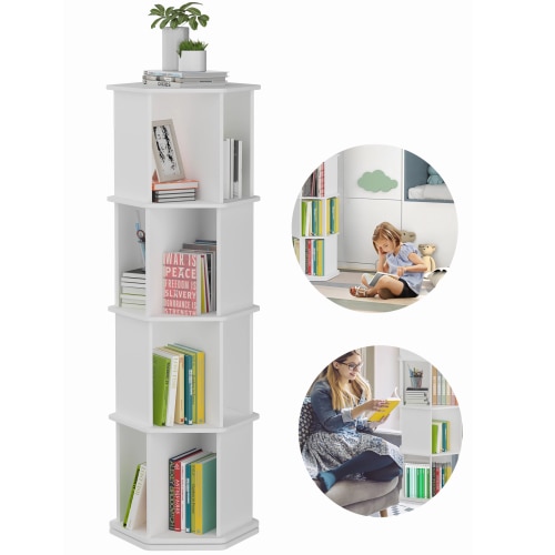 Qunbio 4 Tier Rotating Bookshelf, 360° Revolving Bookcase Stackable Storage Display Rack for Kids & Adults Gift, White