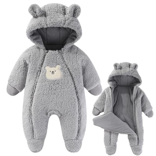 Fairy Baby Newborn Baby Winter Snowsuit Bear Thick Romper Footie Double Zip Hooded Jumpsuit Fleece Coat Infant Boy Girl 0-12M