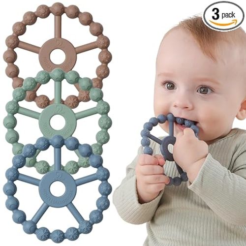 3 Pack Ring Teether Baby Infant Toys, Baby Essentials, Silicone Teething Ring Toys for Babies 0-6 Months, Seposeve Toddler Teethers 6-12 Months 12-24 Months, Infant Teething Relief, Brown Green Blue