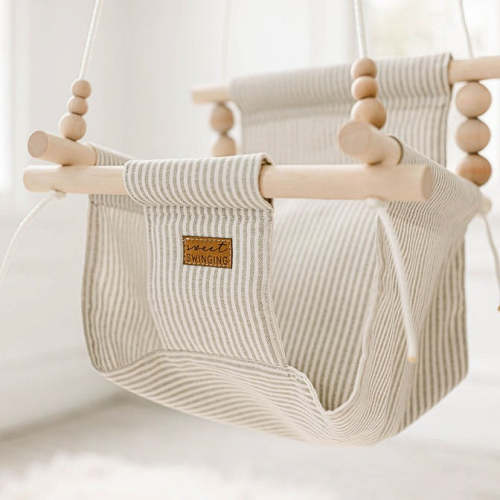Greige & Vanilla Stripe Baby Swing – Indoor Cotton Swing with Soft Neutrals – Sweet Swinging
