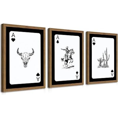 Western Cowboy Wall Art Set Of 3 Cowboy Print Playing Card Inspired Southwestern Canvas Poster Trendy Western Wall Decor Longhorn Bull Skull Room Decor for Bedroom Living Room Framed 12x16 inch