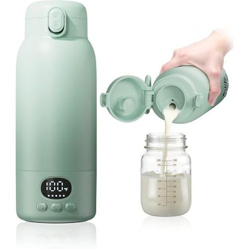 Portable Bottle Warmer - Dual Heating Modes for Breast Milk & Water, 17 Ounces, Fast Heating, Long Lasting Battery, Ideal for Travel, Outdoor, Baby Shower, Light Green