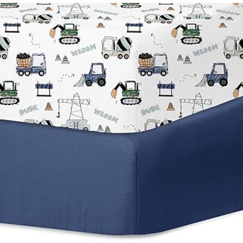Little Grape Land Crib Sheets for Boys and Girls, 2pk Baby Crib Fitted Sheet for Standard Size Crib and Toddler Mattress, Super Soft Baby Sheet (Navy Trucks)