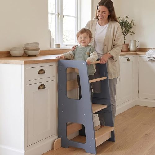 KYWAI® Toddler Kitchen Stool Helper, Adjustable Standing Tower with Safety Rails, Anti-Tip Design & Non-Slip Stickers, Sustainable Product with Extra Memory Game Made from Leftover Wood (Grey Blue)