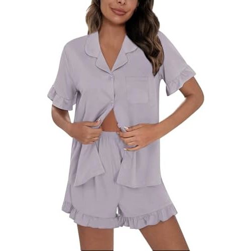 SWOMOG Woman Pajama Set Short Sleeve Pjs Set 2Pcs Short Pajamas Button Down Ruffle Hem Sleepwear Soft Modal Loungewear