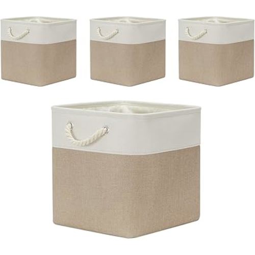 Temary Cube Storage Baskets 4 Pack 13x13 Fabric Cube Storage Bins for Clothes, Large Baskets Boxes with Handles, Canvas Basket for Organizing Towels, Collapsible Storage Bins (White&&Khaki)