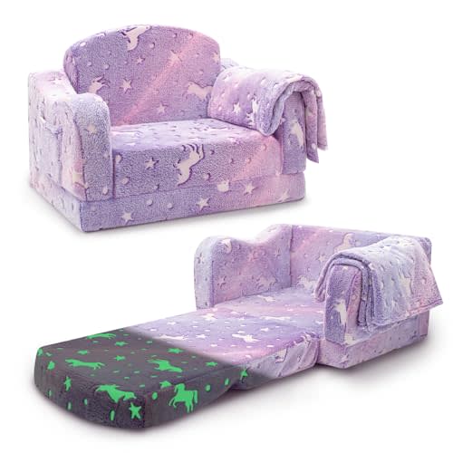 Airpanda Comfy Toddler Couch and Chair for Kids with Blanket, 2-in-1 Soft Plush Fold Out Kids Sofa Chairs for Girls and Boys, Convertible Sofa to Lounger for Playroom