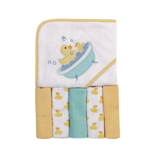 Luvable Friends Baby Unisex Hooded Towel With Five Washcloths, Bathtime Duck, One Size