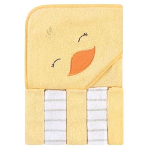 Hudson Baby Infant Unisex Hooded Towel And Five Washcloths, Yellow Duck, One Size