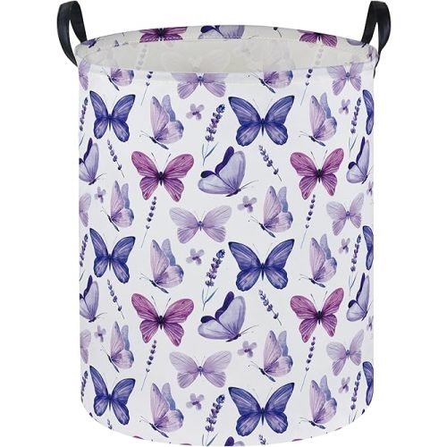 Butterfly Laundry Basket Kids Hamper for Nursery Boy and Girl Hamper Cute Kids Toys Storage Bin Organizer Room Decor for Home(Purple Butterfly)