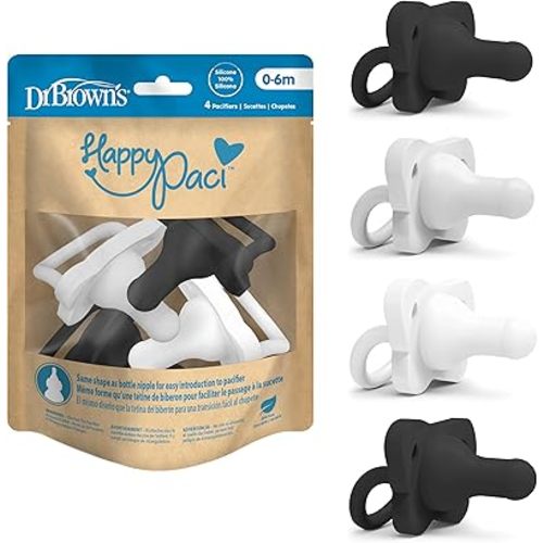 Dr. Brown's HappyPaci 100% Silicone Baby Pacifier, Contoured One-Piece Design, Gray, Black, White, 0-6m, BPA-Free, 4-Pack