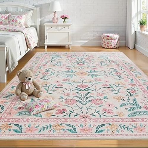 6x9 Pink Floral Rug for Girls Bedroom, Washable Soft Nursery Area Rug,Cute Boho Non Slip Carpet for Kids Room Decor