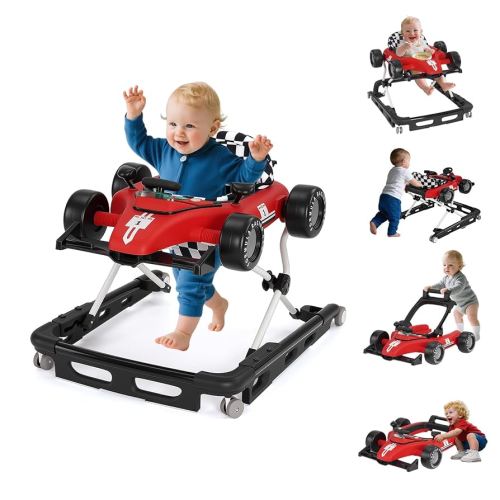 Baby Walker with Wheels, 4-in-1 Baby Walker for Boys Girls Foldable Activity Walker with Adjustable Height Toddler Infant Walker with Music and Lights Walker for Baby 6-24 Months, Red