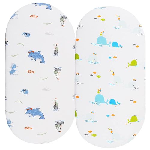 Bassinet Sheets (33" x 19") Compatible with Mika Micky, Baby Delight, Dream On Me, Amke and Other Rectangle Mattress, 2 Pack Fitted Sheets, 100% Jersey Knit Cotton 190GSM, Whale and Dolphin