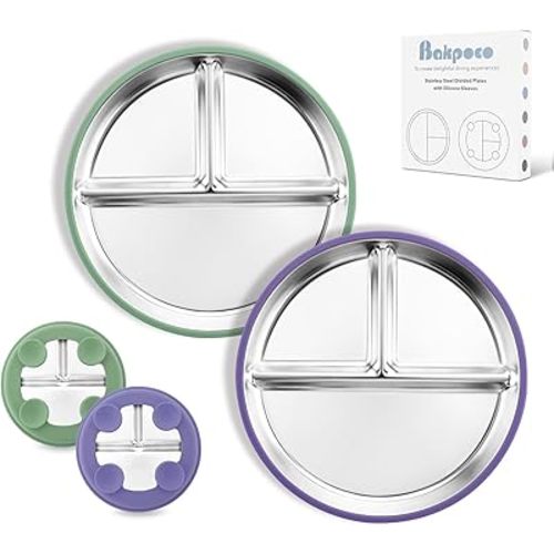 Stainless Steel Toddler Plate with Suction, 8” Divided Plates with Removable Silicone Sleeves for Baby, Non Toxic & BPA Free | Non Slip | Unbreakable Kids Snack Dishes Set of 2, Green & Purple