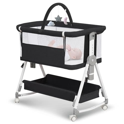 Baby Bassinet,3 in 1 Bedside Bassinet for Baby with Hanging Toys, Portable Foldable Bassinets Bedside Sleeper,4-Sided Mesh Bedside Crib with Wheels and Storage Basket,6 Height Adjustable (Black)