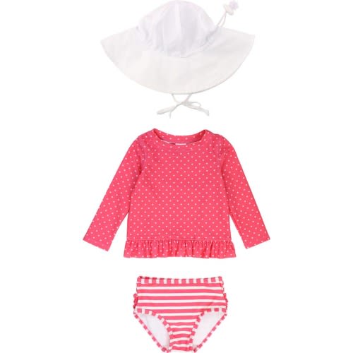 Baby Two-Piece Rashguard Swimsuit & Hat Set, 6-12M, Pink Heart Polka Dot