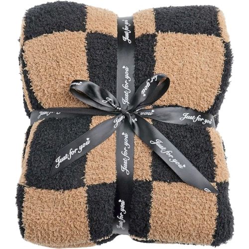 Ultra Soft Checkered Blanket Cozy Buffalo Check Throw Fluffy Knitted Reversible Throw Blanket Lightweight Fleece Checkerboard Grid Blanket for Sofa Couch Bed Travel, Black/Camel, 51''x63''