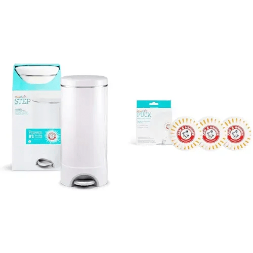 Munchkin® Step™ Diaper Pail Powered by Arm & Hammer, 1 in Odor Control, Award-Winning, Includes 1 Snap, Seal & Toss™ Bag, 1 Starter Refill Ring, and 4 Puck™ Baking Soda Cartridges