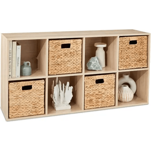 PINKYA 8-Cube Storage Organizer, 11in Shelf Opening, Bookcase, Display Shelf, Customizable w/ 3 Removable Back Panels – Oak