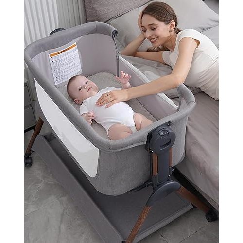 Baby Bassinet - Bassinet Bedside Sleeper,3-in-1 Bedside Bassinets for Baby,Rocking Bassinet with Comfy Mattress,Wheels,Breathable Mesh& Storage,6 Height Adjustable Crib,ASTM Certified(Grey)