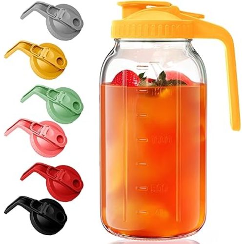 Glass Mason Jar Pitcher - 64 oz/2 Quart Wide Mouth Jug with Lid and Pour Spout, Airtight Seal, Leak Proof Iced Tea Pitcher for Sun Tea, Juice, Breast Milk, Cold Beverages, Coffe