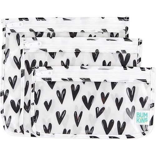 Bumkins Travel Bag, Toiletry, TSA Approved Pouch, Zip Bag, Quart Size Airline Compliant, Clear-Sided, Baby, Diaper Bag Organization, Makeup, Accessories, Packing, Set of 3 Sizes, Black Hearts