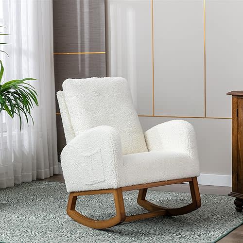 Antetek Modern Accent Rocking Chair, Upholstered Nursery Glider Rocker for Baby and Kids, Comfy Armchair with Side Pocket, Living Room Lounge Arm Chair with High Backrest (White)