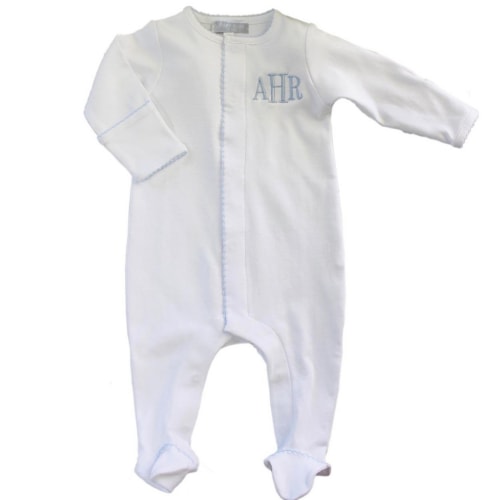 Boys White Footie Take Home Outfit Blue Trim | Baby Loren